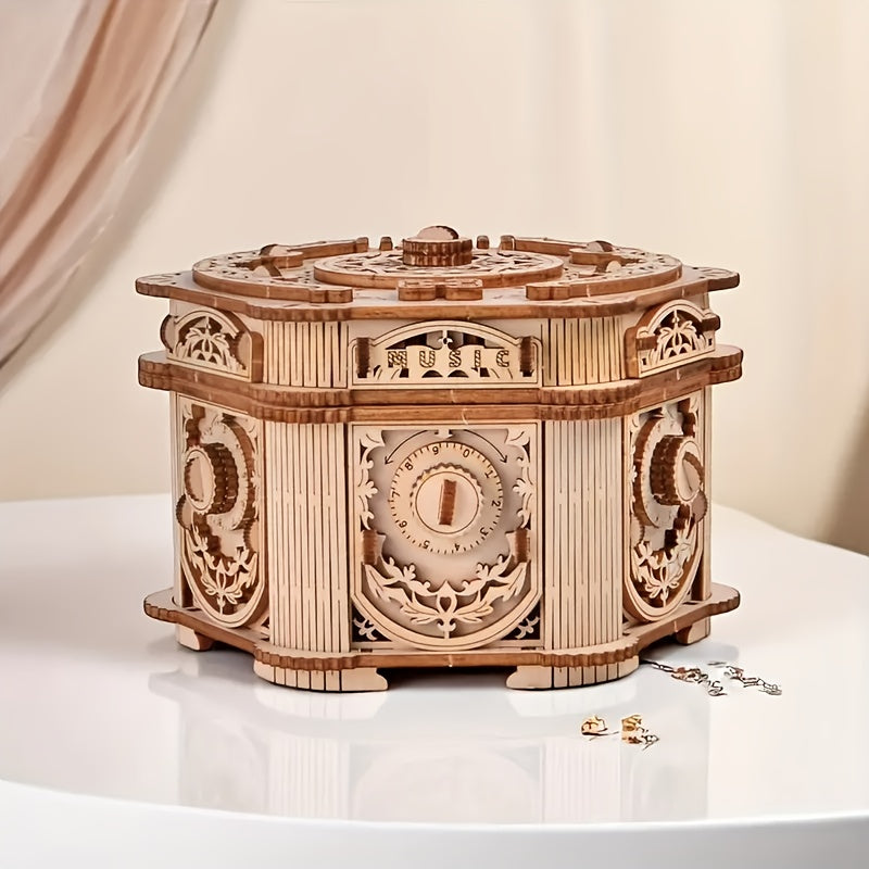 DIY 3D Wooden Puzzle Music Jewelry Box Vintage Storage Chest