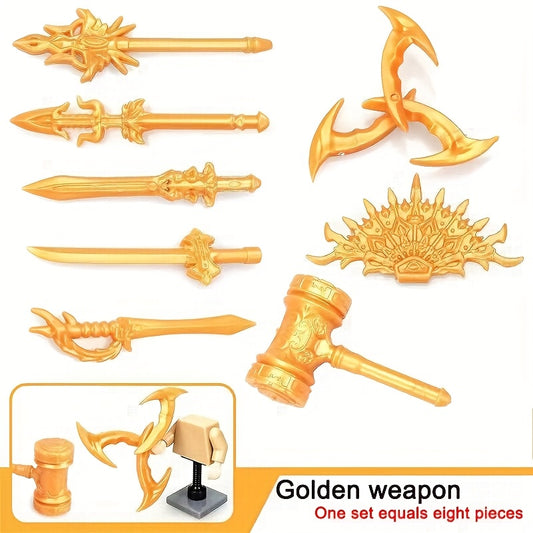 8pcs Golden Weapon Set Toy Accessories Golden Hammer Peacock Fan Boomerang