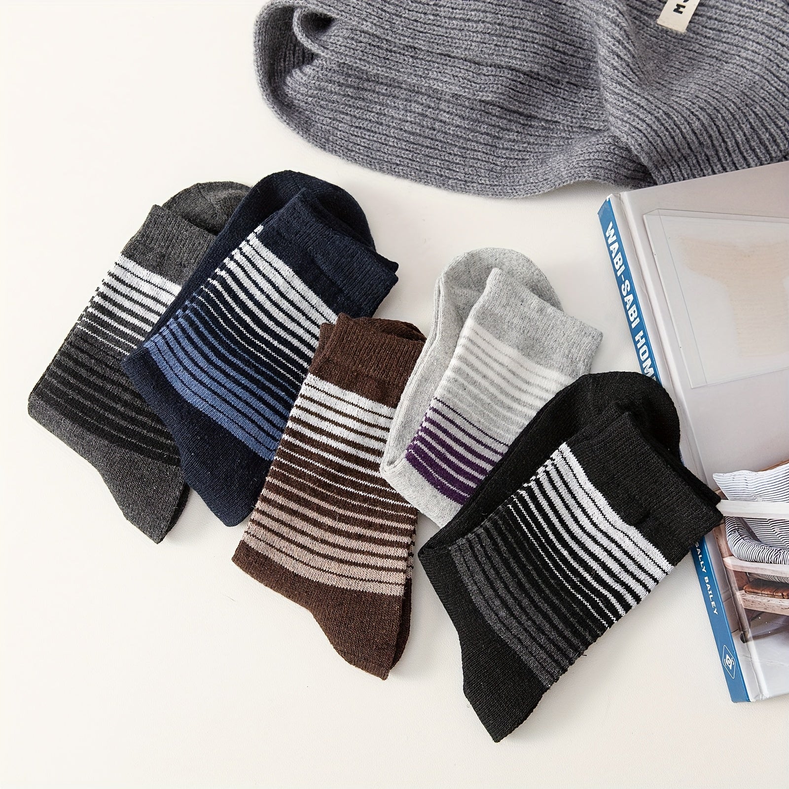 5 Pairs Men's Striped Crew Cotton Socks Deodorant Sweat Absorbing Casual