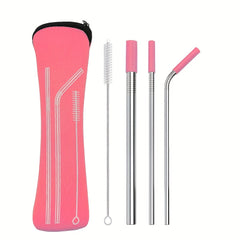 Stainless Steel Straws Set With Brush Tips And Bag