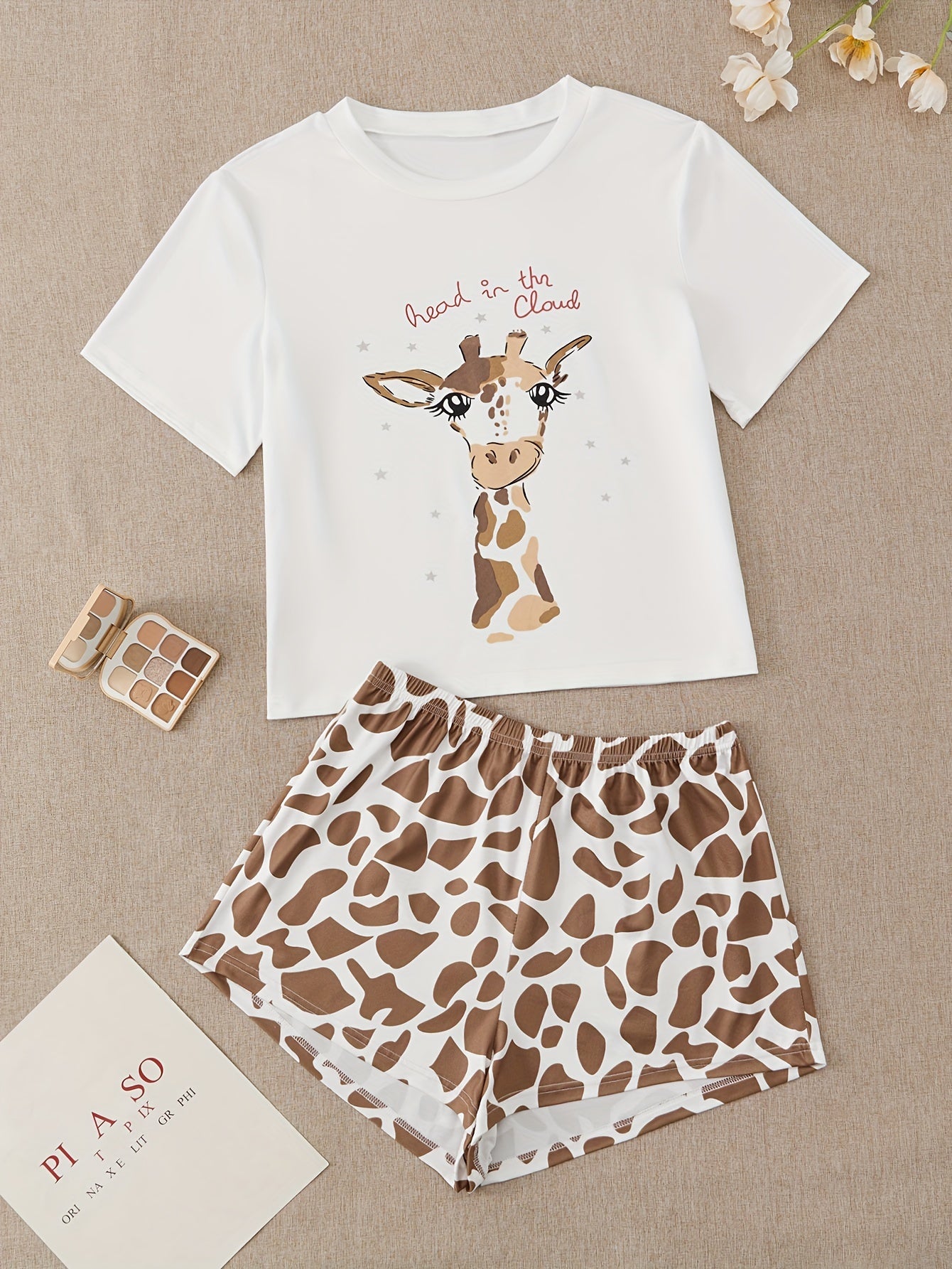Cartoon Print Pajamas Set Short Sleeve Top & Shorts Pj Set Women's Sleepwear