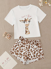 Cartoon Print Pajamas Set Short Sleeve Top & Shorts Pj Set Women's Sleepwear
