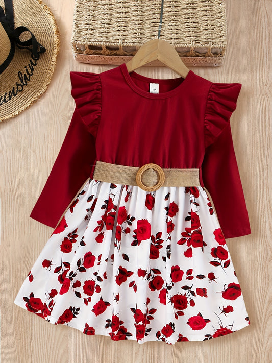 Girls' Rose Floral Frill Trims Long Sleeve Casual Dress