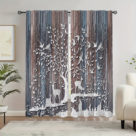 Elk & Wood Plank Trees Pattern Curtains Rod Pocket Semi Blackout Window Curtains