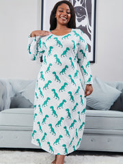  Dinosaur Print Long Sleeve Round Neck Nightdress