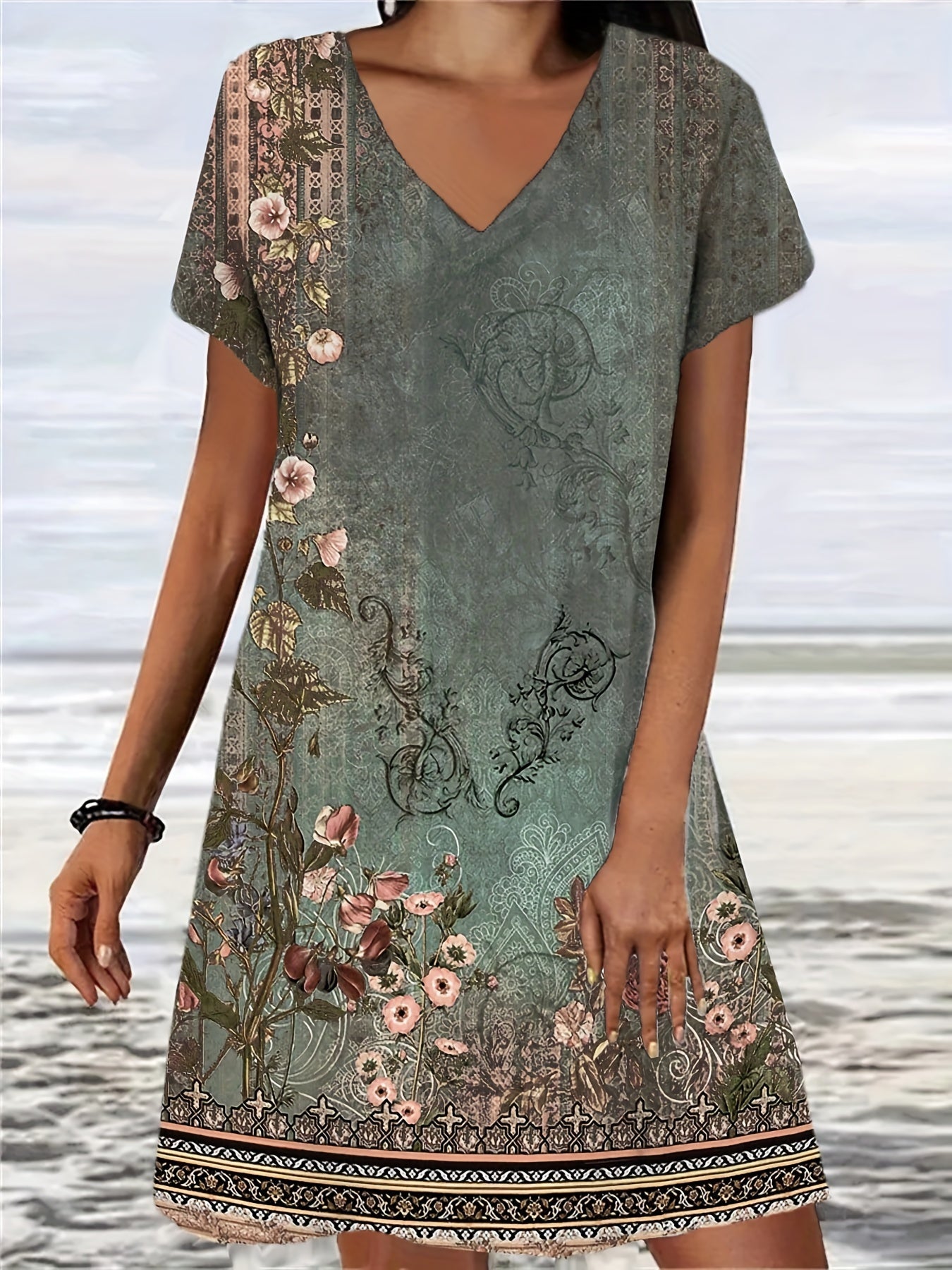 Short Sleeve V Neck Dress Casual Dress For Summer & Spring