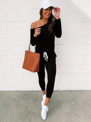Asymmetrical Neck Jumpsuit Drawstring Long Sleeve