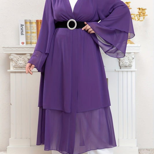  Mesh Bell Sleeve Layered Maxi Abaya Dress & Hijab 2pcs Set