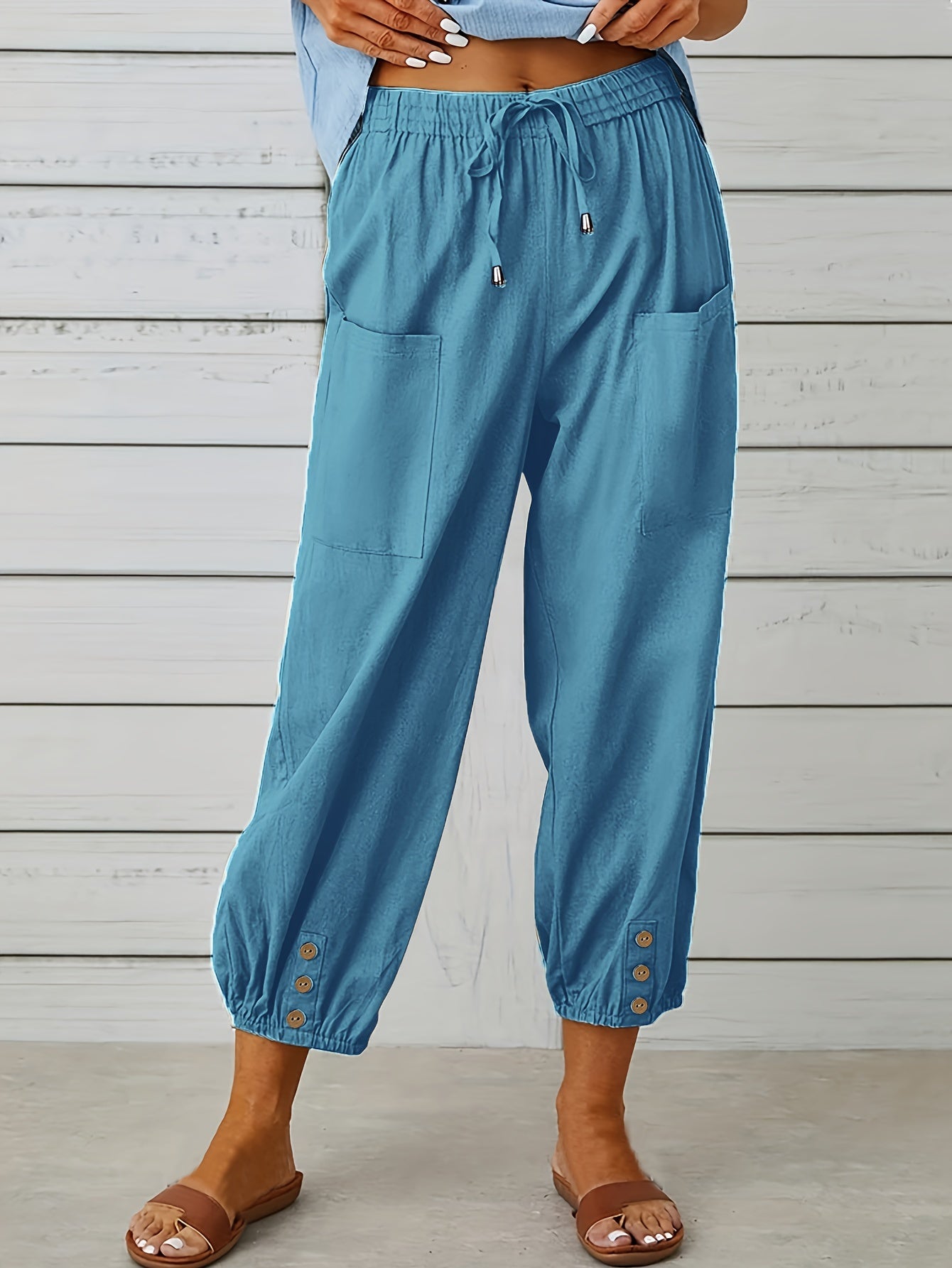  Solid Bow Knot Elastic Button Casual Pants