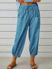  Solid Bow Knot Elastic Button Casual Pants