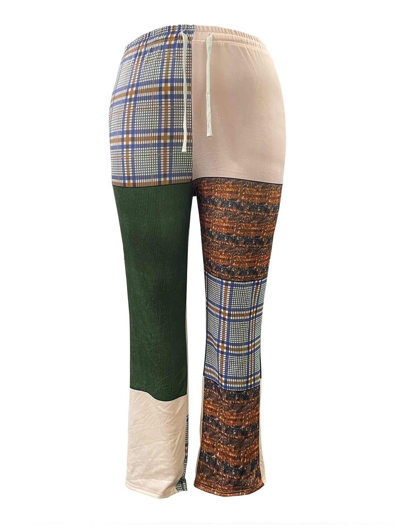  Retro Pants Women's Plus Patchwork Print Drawstring Elastic High Rise
