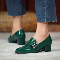 Rhinestone Chunky Heel Slip-On Shoes - Women's Comfortable Pointed Toe Heels