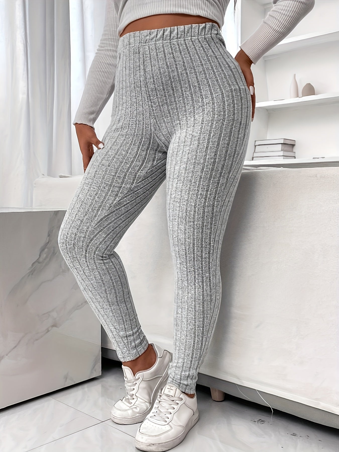  Solid Ribbed High Rise Stretch Skinny Trousers