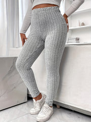  Solid Ribbed High Rise Stretch Skinny Trousers
