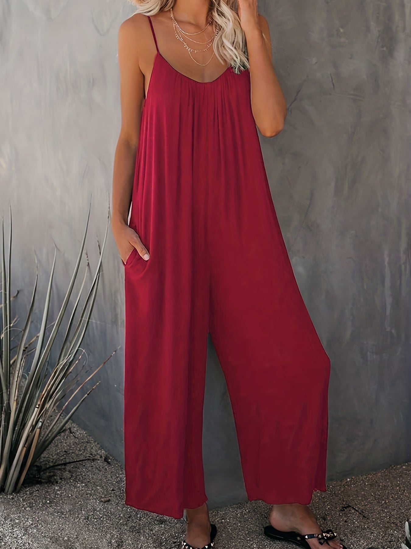 Solid Comfy V Neck Spaghetti Strap Jumpsuit