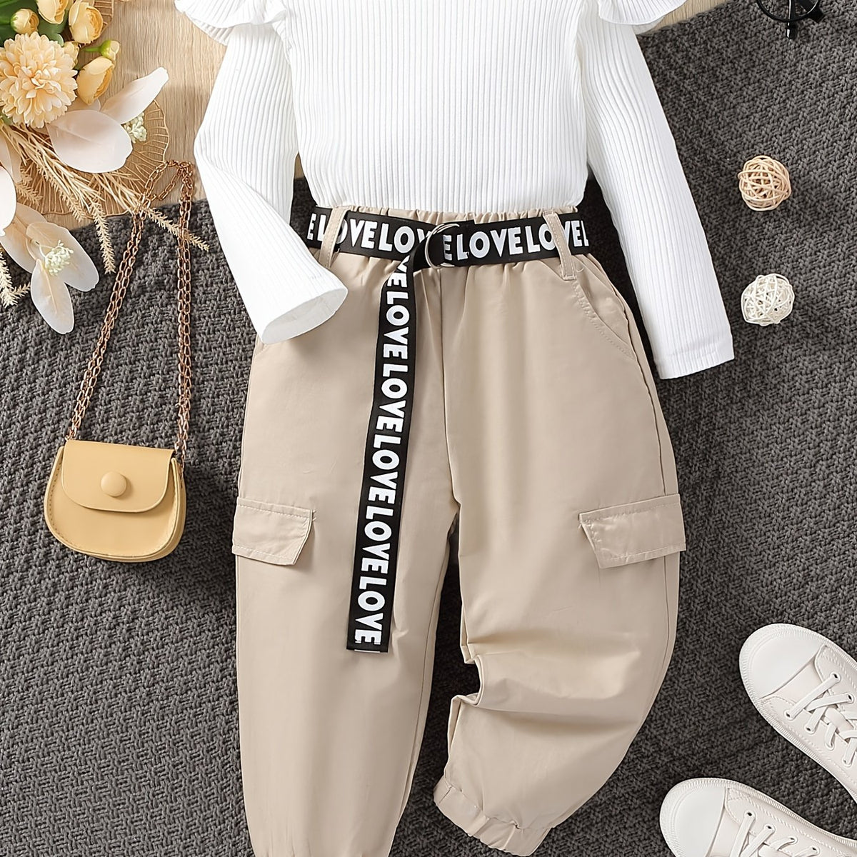 2pc Baby Girls Ruffle Knit Top & Cargo Pant Set
