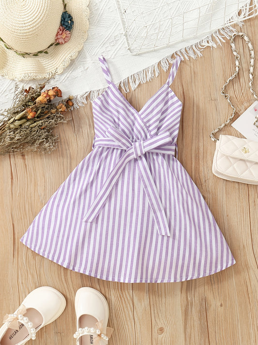 Girls Striped V-Neck Dress With Belt