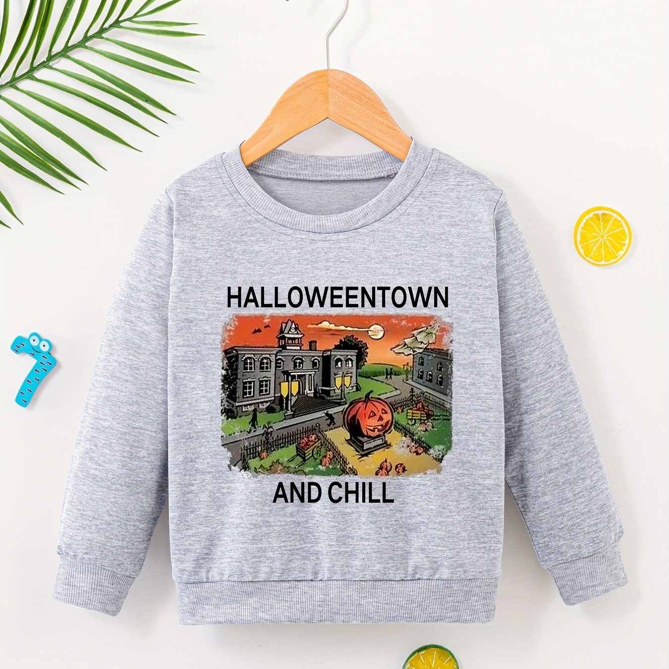 Girls Halloween Town Graphic Print Crew Neck Sweatshirt