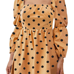  Off Shoulder Dot Print Puff Sleeve A line Mini Dress