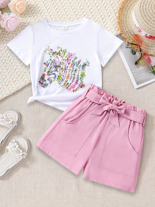 Girls Floral Animal Graphic Tee Shorts Set