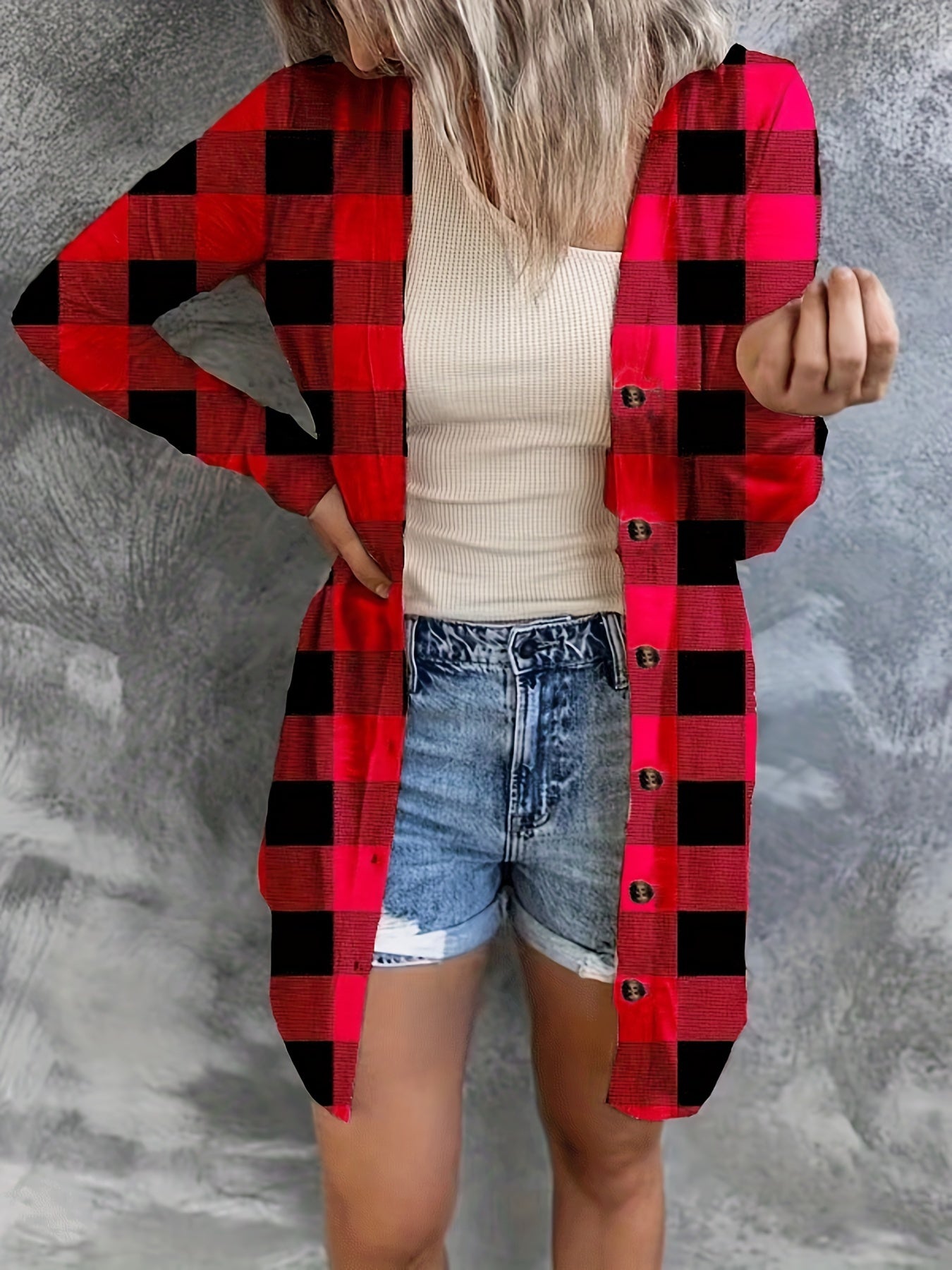  Gingham Print Button-Up Cardigan