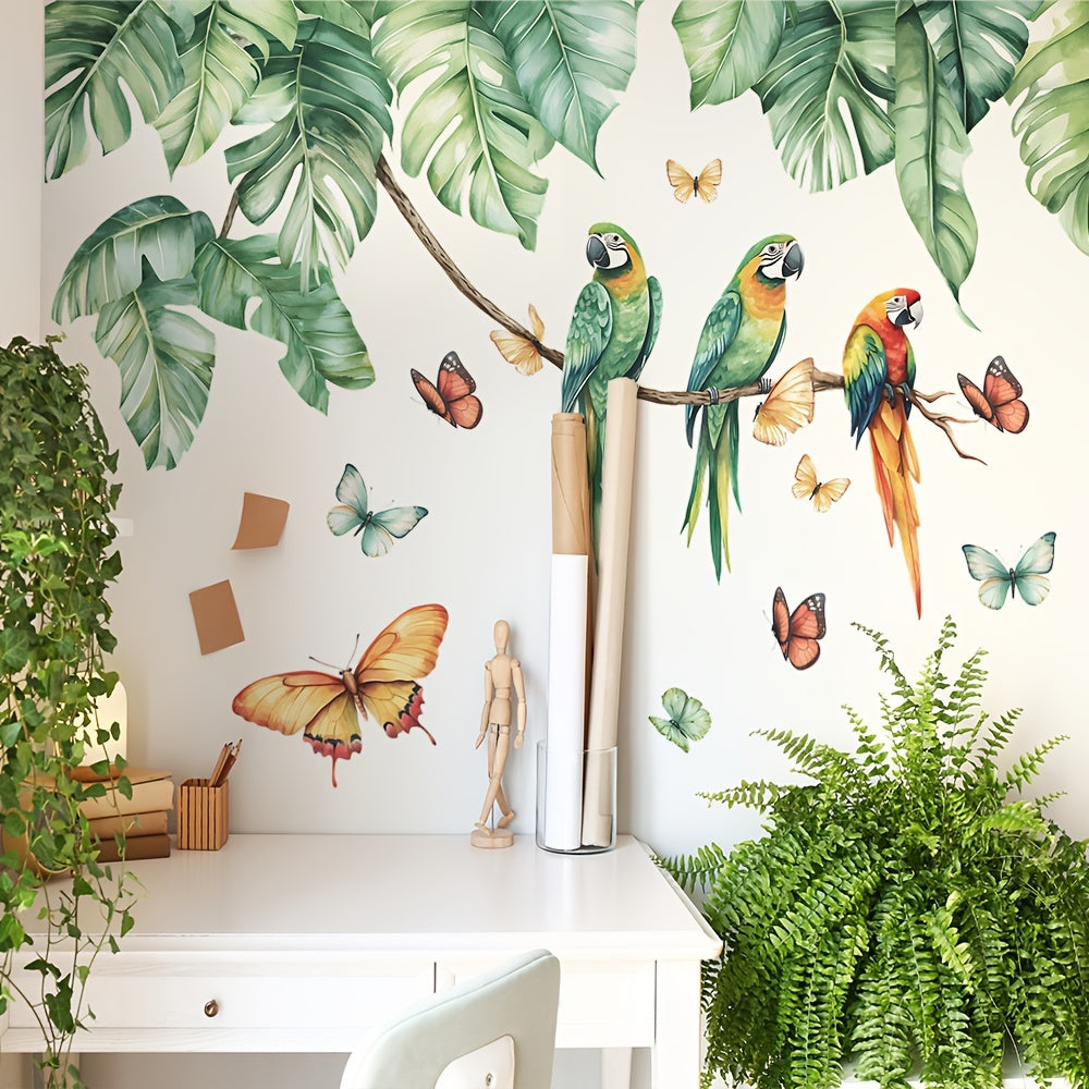 Tropical Green Plant Bird Wall Sticker for Home Decor