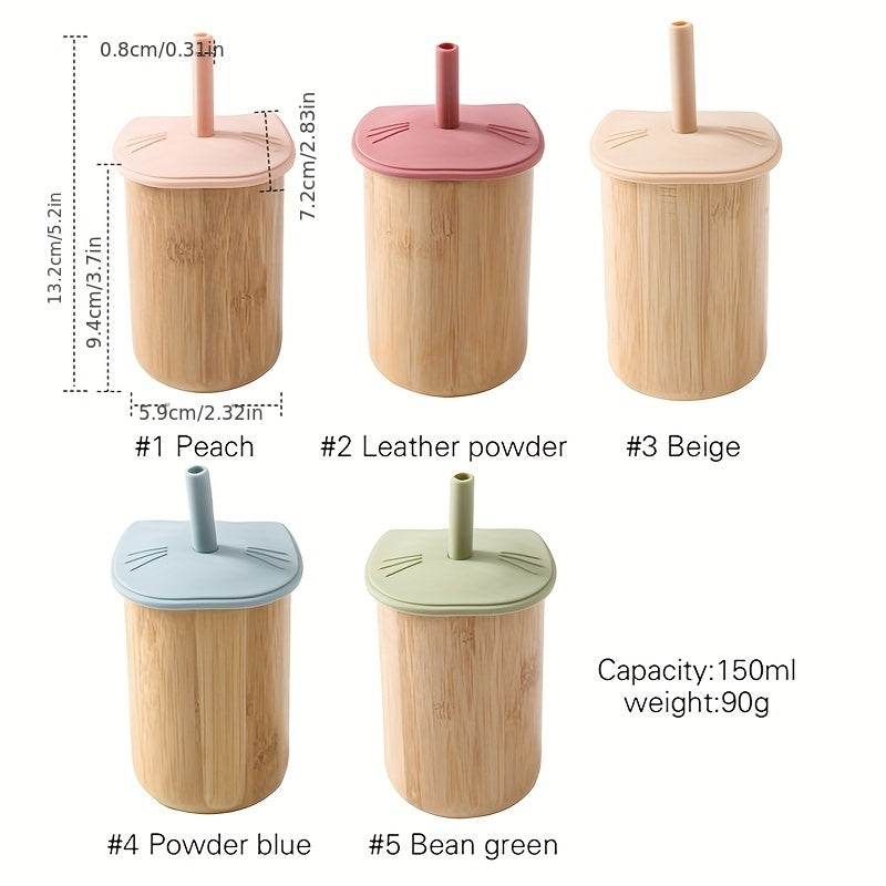 Cat Bamboo Wooden Cup With Silicone Lid - Baby Learning To Drink Cup