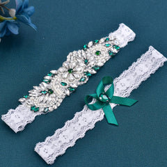 Vintage Lace Garter Bands with Rhinestone Accents and Teal Bow