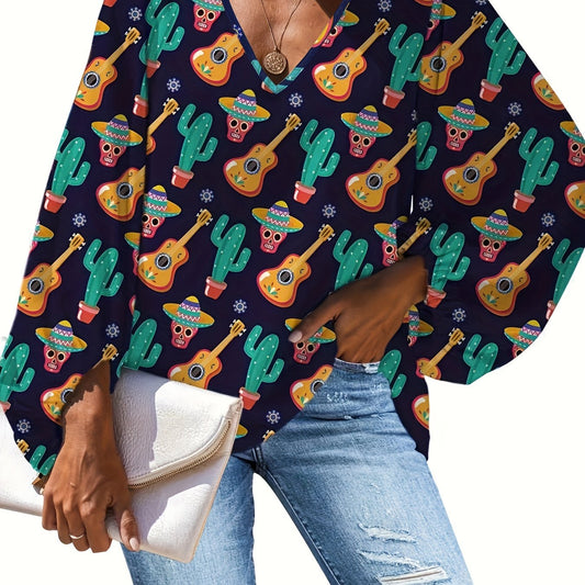  Funny Skull & Cactus Print Lantern Sleeve V Neck Top