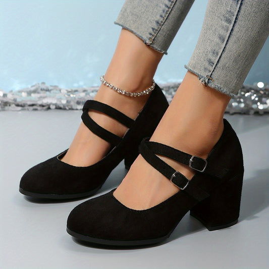 Women's Block Heels Double Buckle Strap Pumps Work Shoes