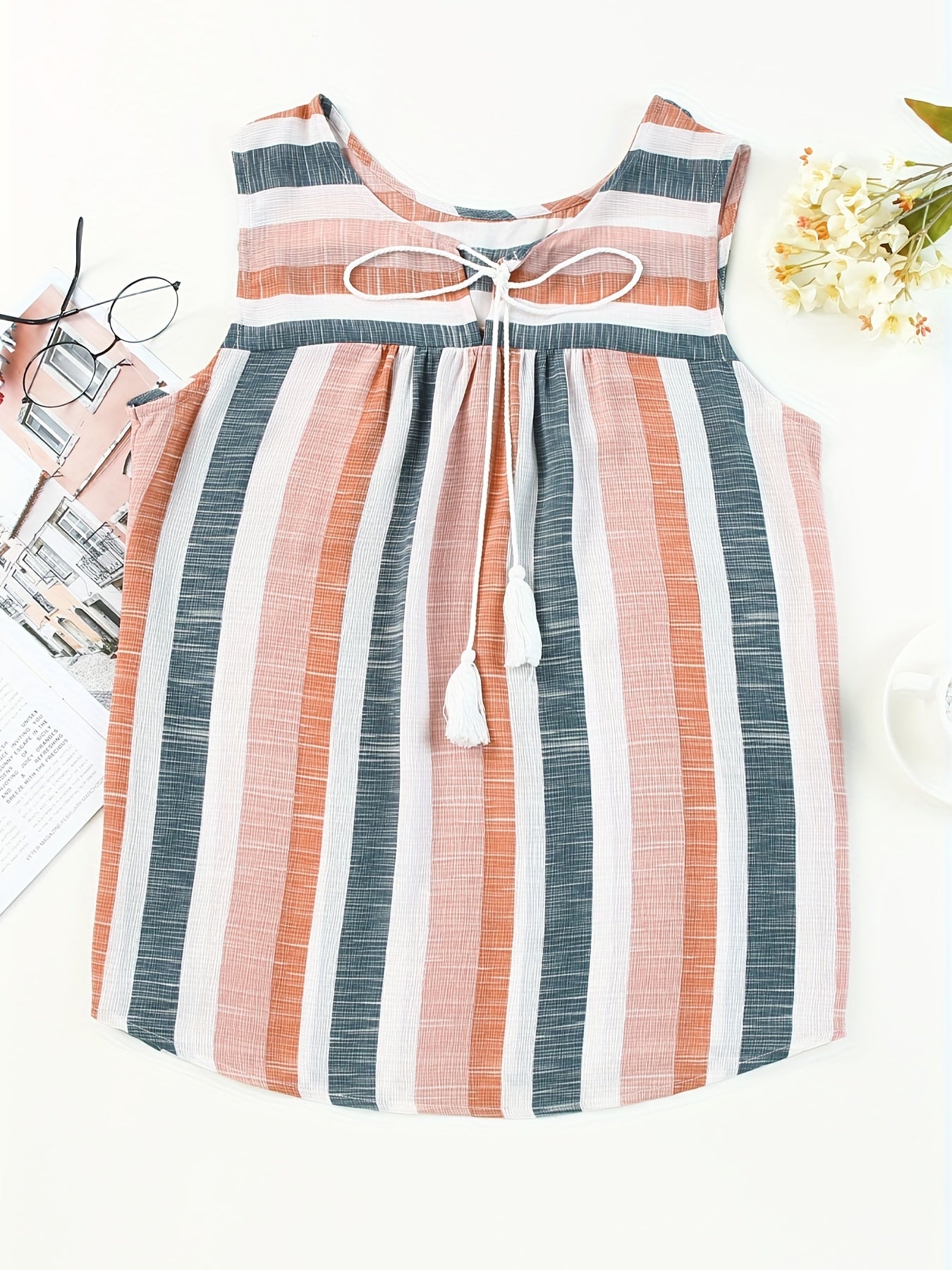 Striped Tank Top Drawstring Sleeveless Blouse