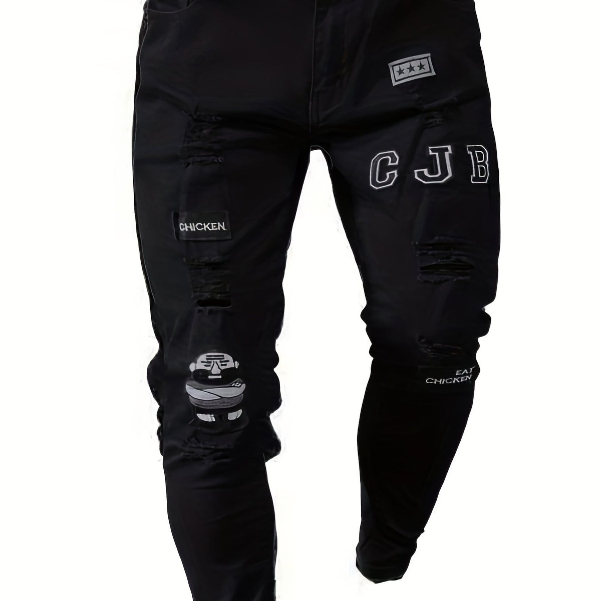 Slim Fit Ripped Embroidery Biker Jeans Mens Casual Street Style Stretch Denim