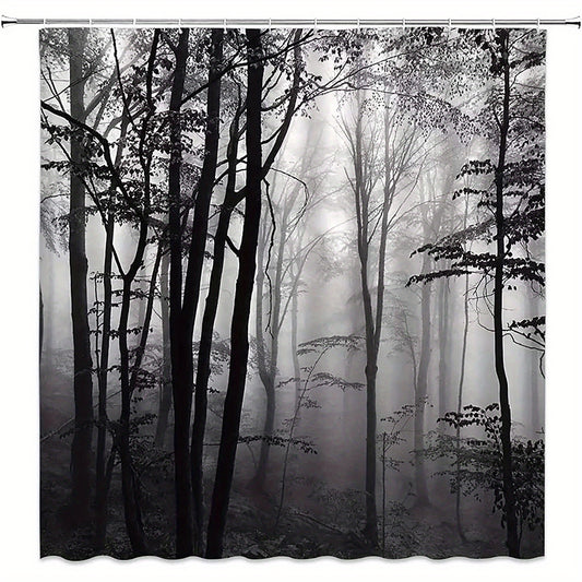 Forest Theme Shower Curtain & Wood with Foggy Pattern Waterproof Fabric
