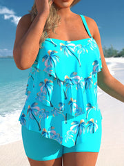 Coconut Tree Print Tankini Set Women's Plus Casual Layered Cami Top