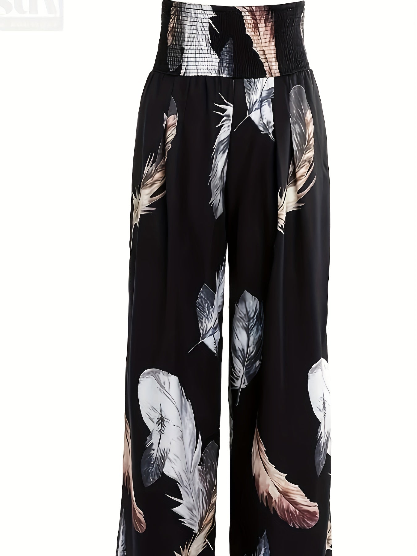 Feather Print Shirred Waist Wide Leg Trousers
