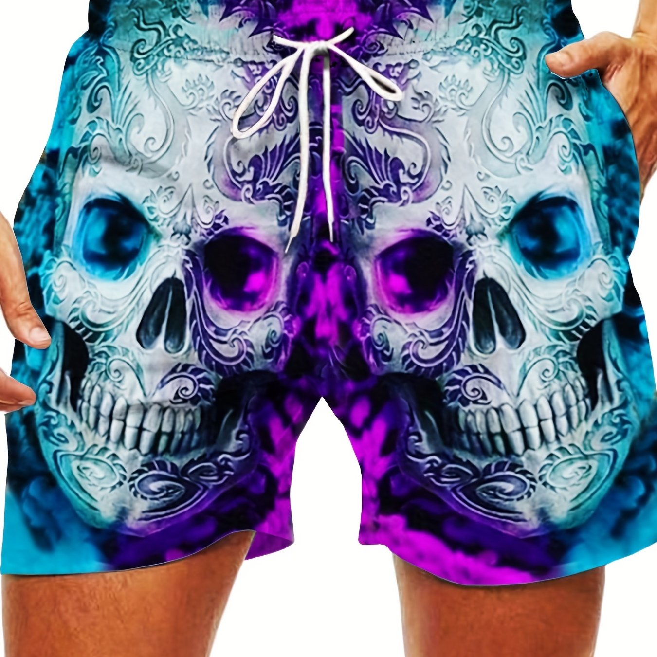 Men's Skulls Print Shorts with Pockets Drawstring Summer Beach Lounge Shorts