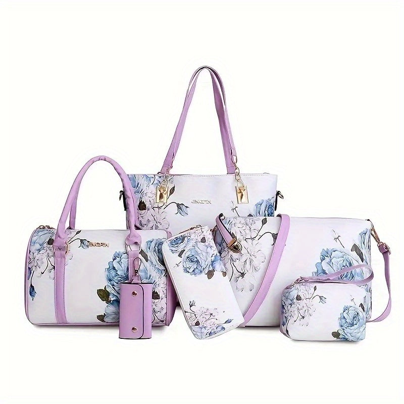 6pcs Floral Print Tote Bag Women Shoulder Handbag Crossbody Wallet Purse