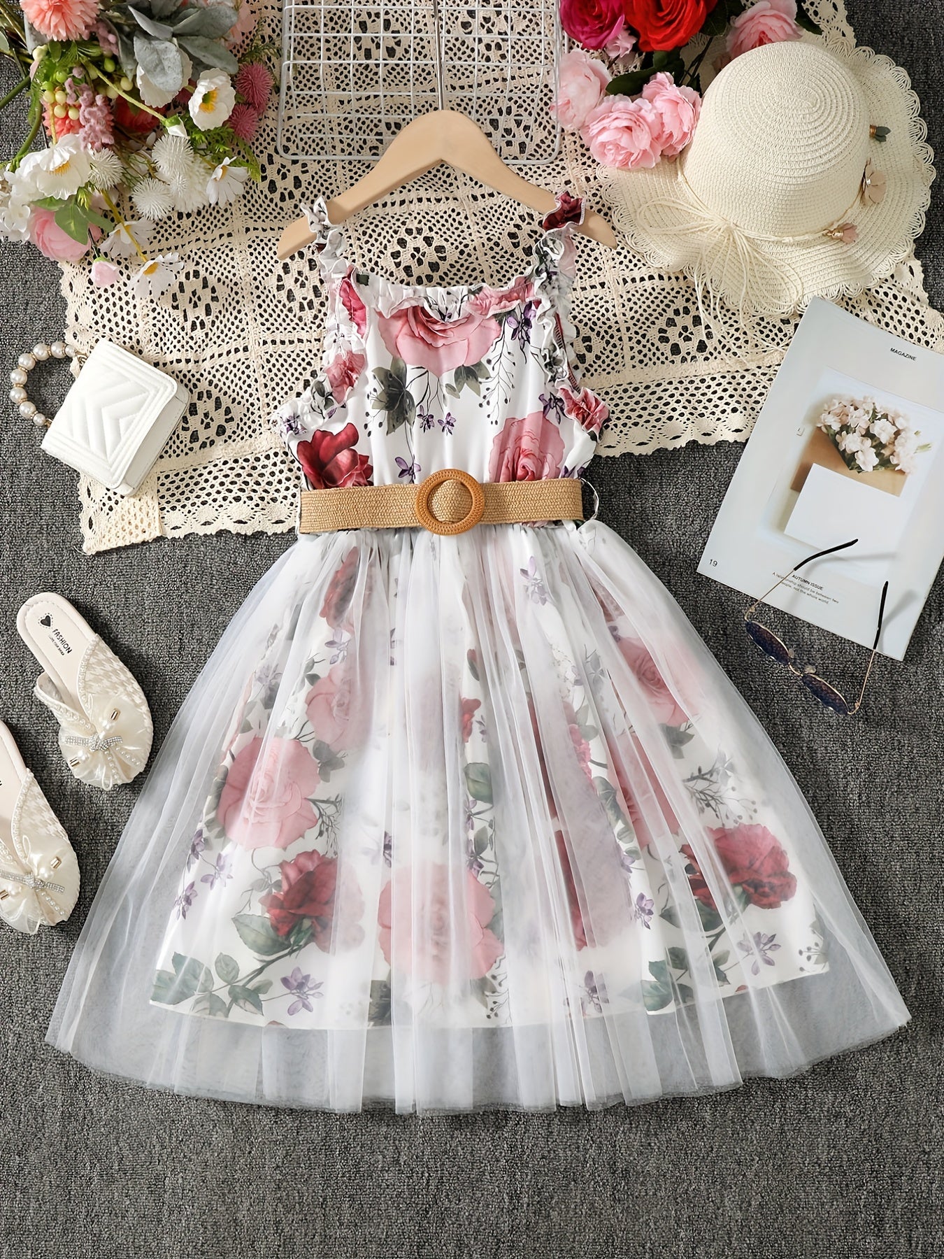 Girls Floral Print Mesh Tulle Cami Dress with Belt