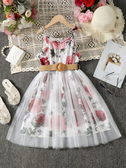 Girls Floral Print Mesh Tulle Cami Dress with Belt