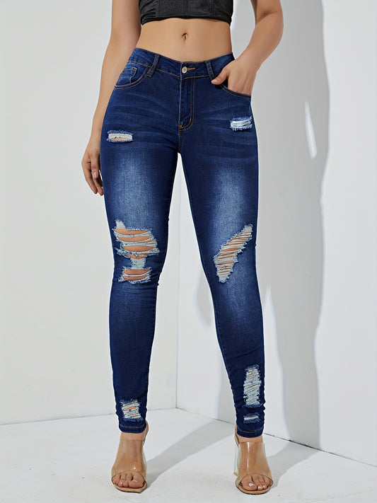 Stretchy High Waist Skinny Jeans with Distressed Slash Pockets