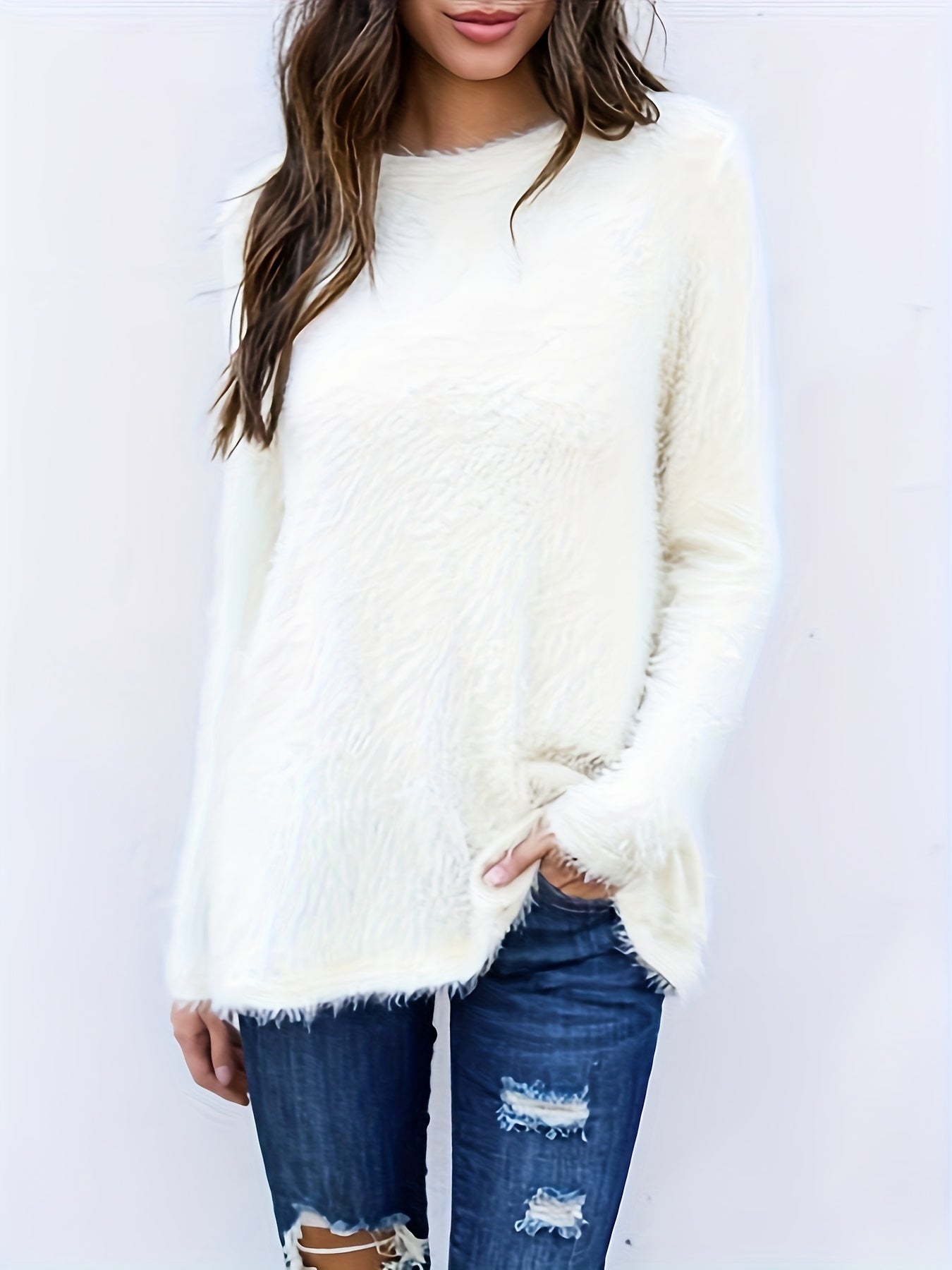  Solid Round Neck Fuzzy Fleece Sweater