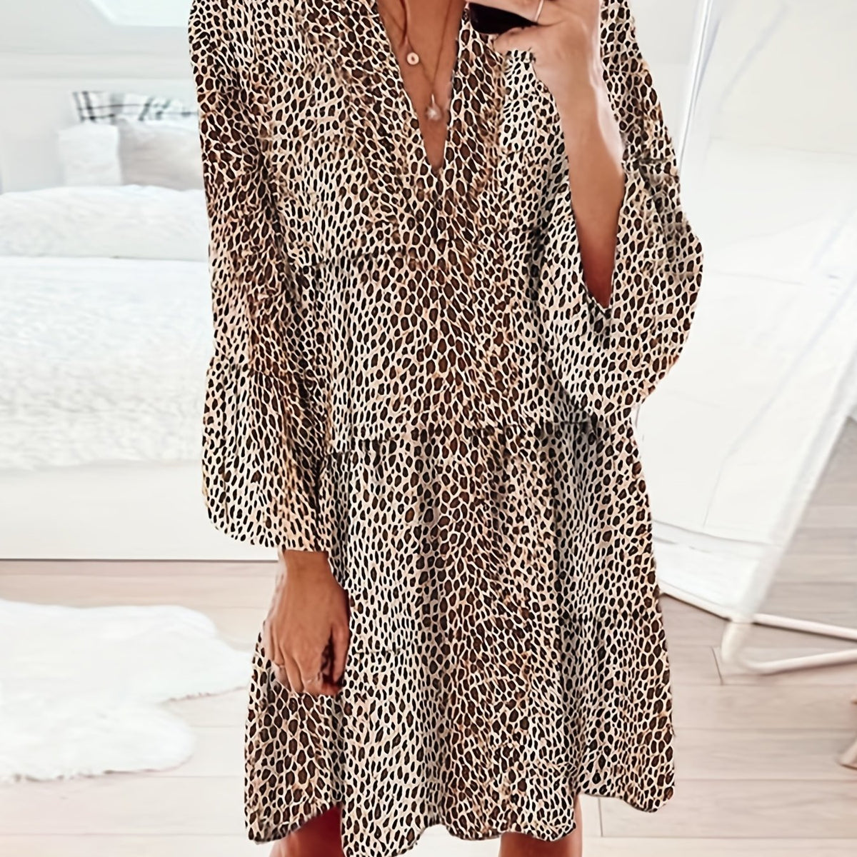 Leopard Print V Neck Dress Long Sleeve Dress Spring Fall Women's Clothing