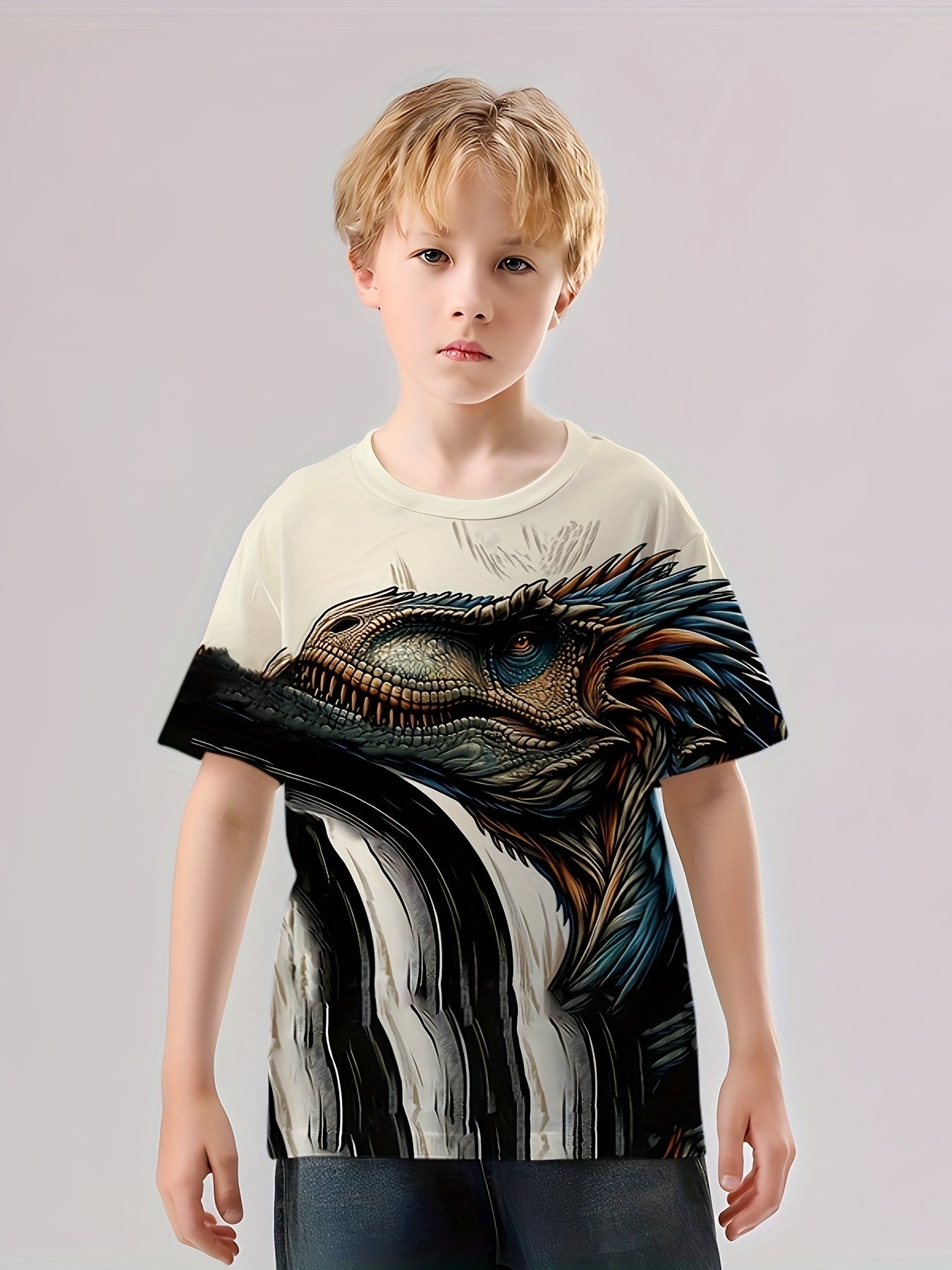 Dino Ink Painting Print Boy's Tee Summer Sports Clothing