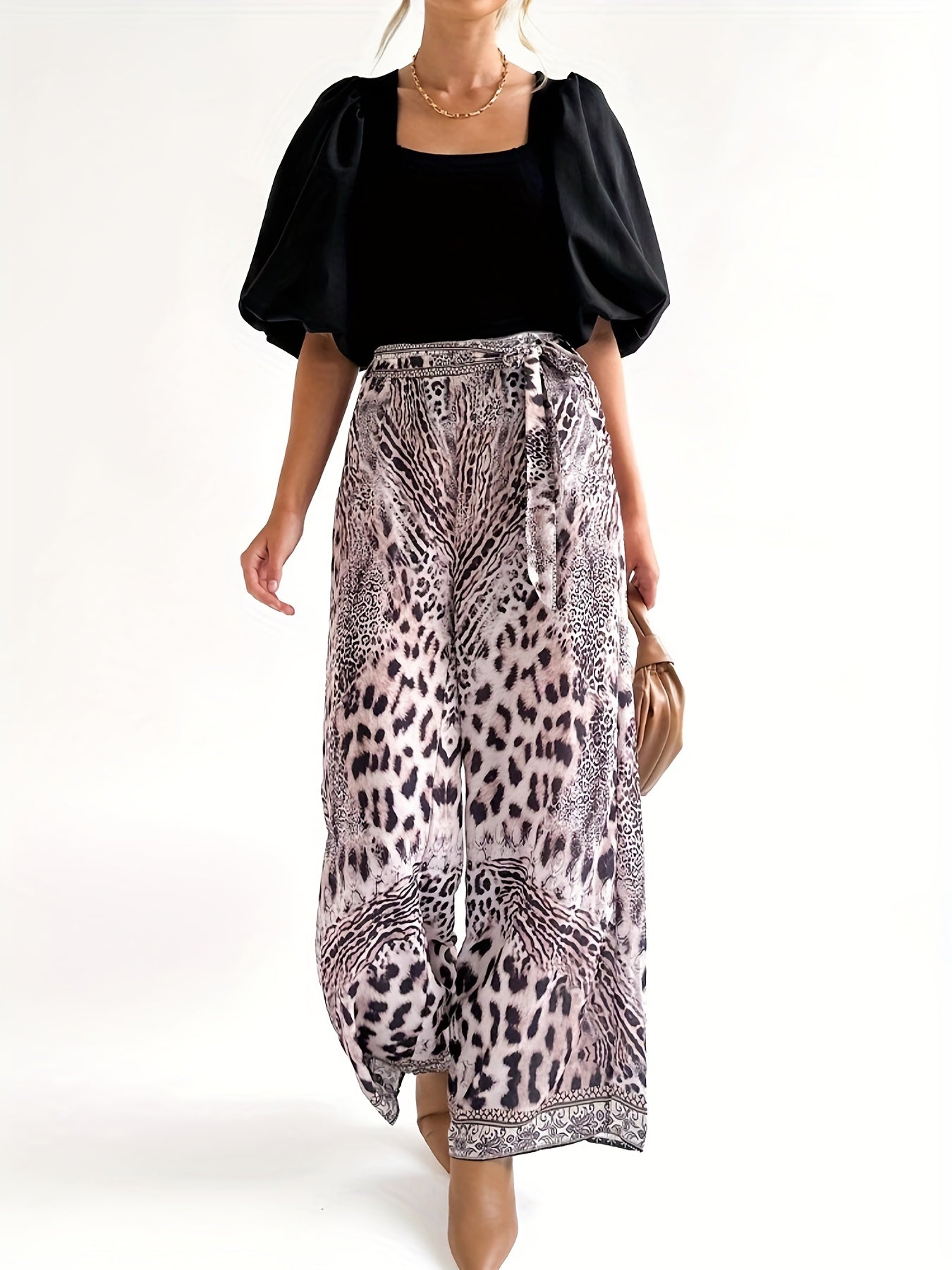  Leopard Print Wide Leg Trousers