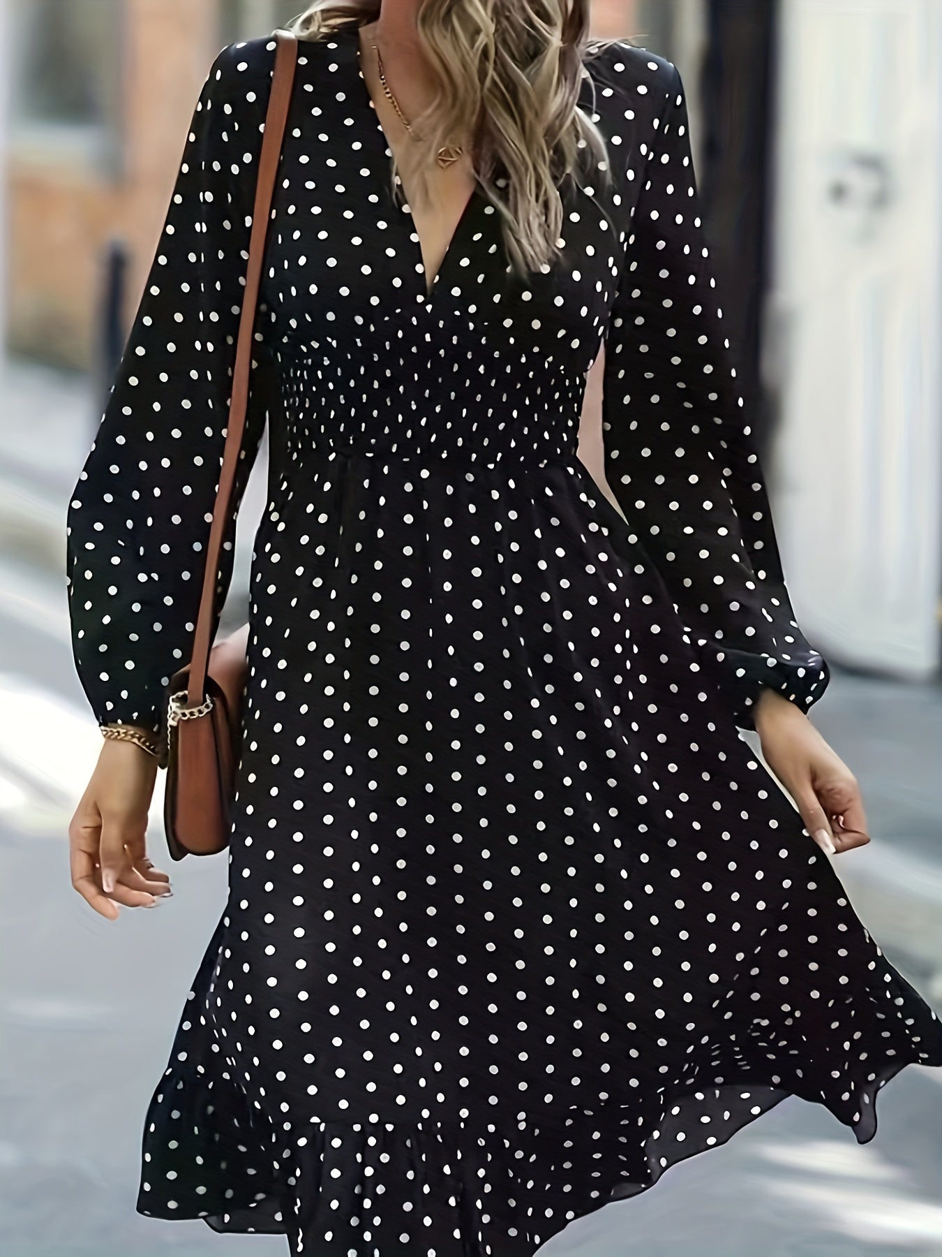  Polka Dot Print Lantern Sleeve V Neck Ruffle Trim Midi Dress