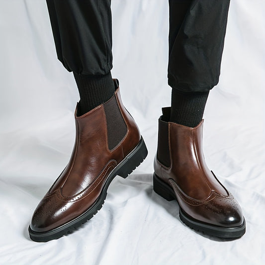 Men's Brogue Chelsea Boots Pointed Toe Slip On Ankle Boots