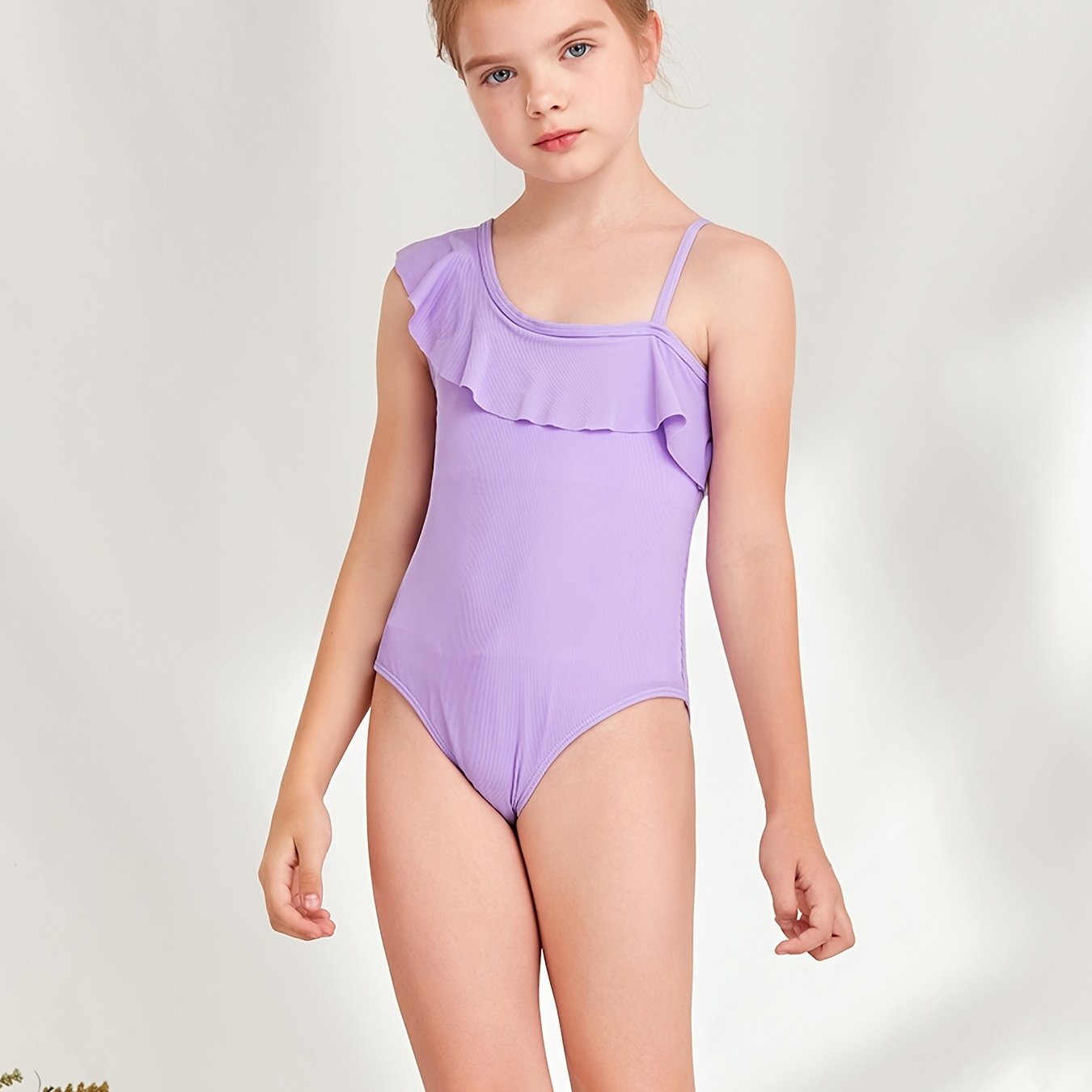 Toddler Girls One Piece Swimsuit Ruffle Trim Asymmetrical Neck