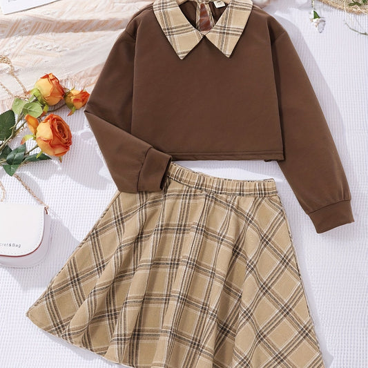 Girls Colorblock Plaid Sweatshirt Top Plaid Skirt Set