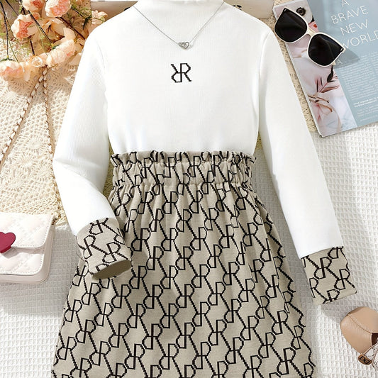 2pcs Girls Mock Neck Long Sleeve Dress Set Kids Autumn Winter Clothes
