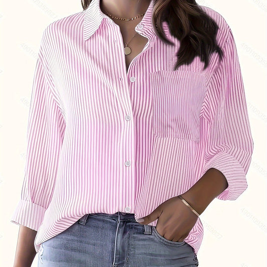 Stripe Print Long Sleeve Button Up Shirt Top